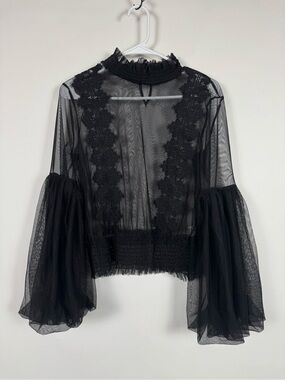 Ups & Downs Black Sheer Lace-Trim Bell Sleeve Top MED Goth Romantic Whimsigoth
